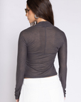Grey Ruched knit long sleeve top
Square neckline
Cinched side bust
Unlined/Sheer
Going out top
sheer long sleeve top