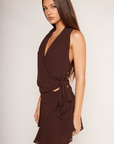 TOP
brown Chiffon wrap halter top
Front cross over
V neckline
Adjustable side tie
Hidden button closure
Lined

BOTTOM
brown Chiffon mini skirt
Asymmetrical hem
Side zipper closure
Lined