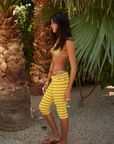 yellow Striped ribbed capri pant
Fold over waistband
Lined