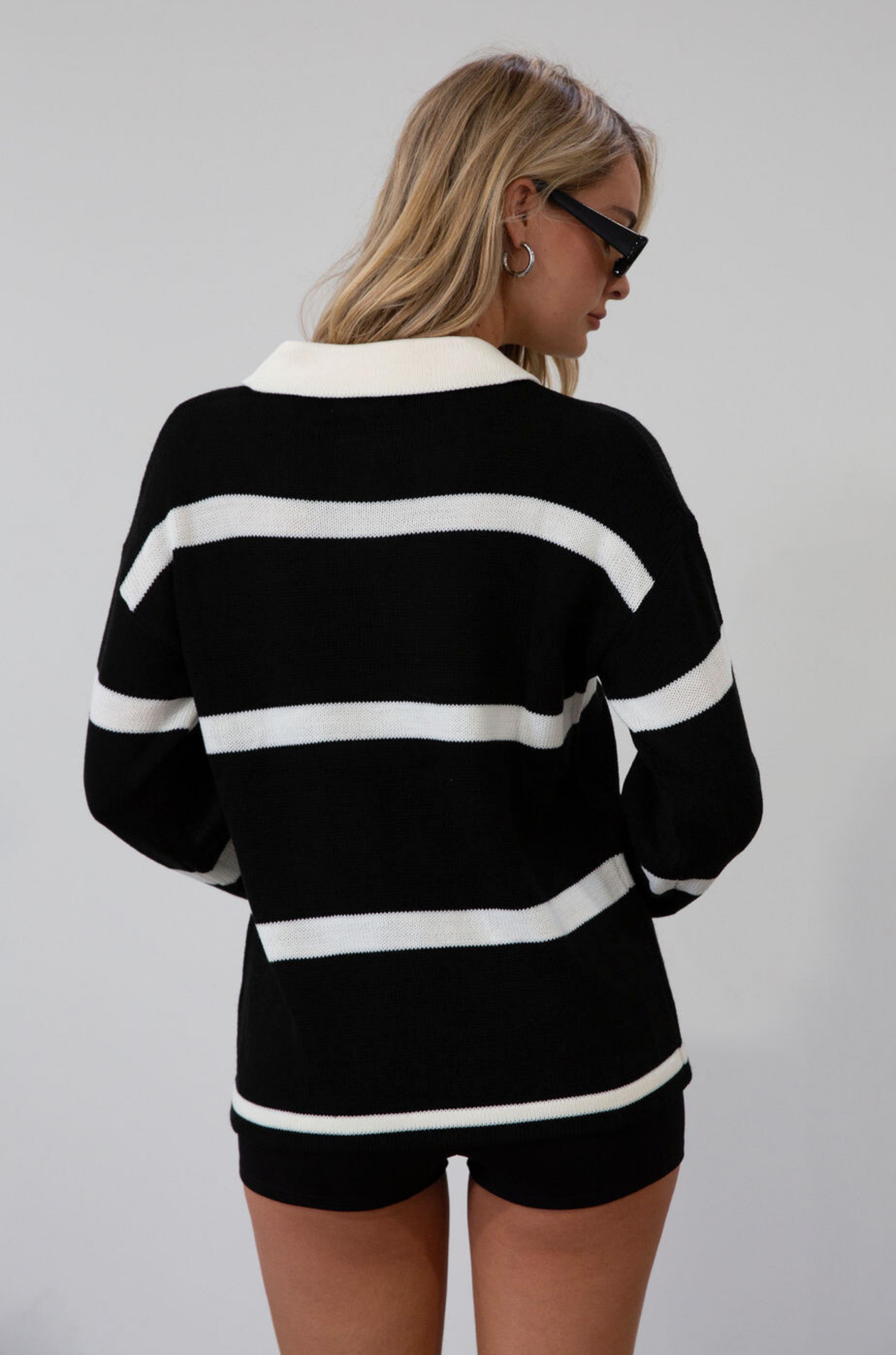 Fuzzy crochet knit striped sweater. Collar neckline. Front button closures. Unlined. fall top. fall outfit. fall sweater. striped polo sweater