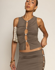 TOP:
green Shirred tank top
Front cut outs with stone beads
Unlined

BOTTOM:
green Shirred maxi skirt
Side cut out with stone beads
Unlined
side slits