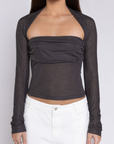 Grey Ruched knit long sleeve top
Square neckline
Cinched side bust
Unlined/Sheer
Going out top
sheer long sleeve top