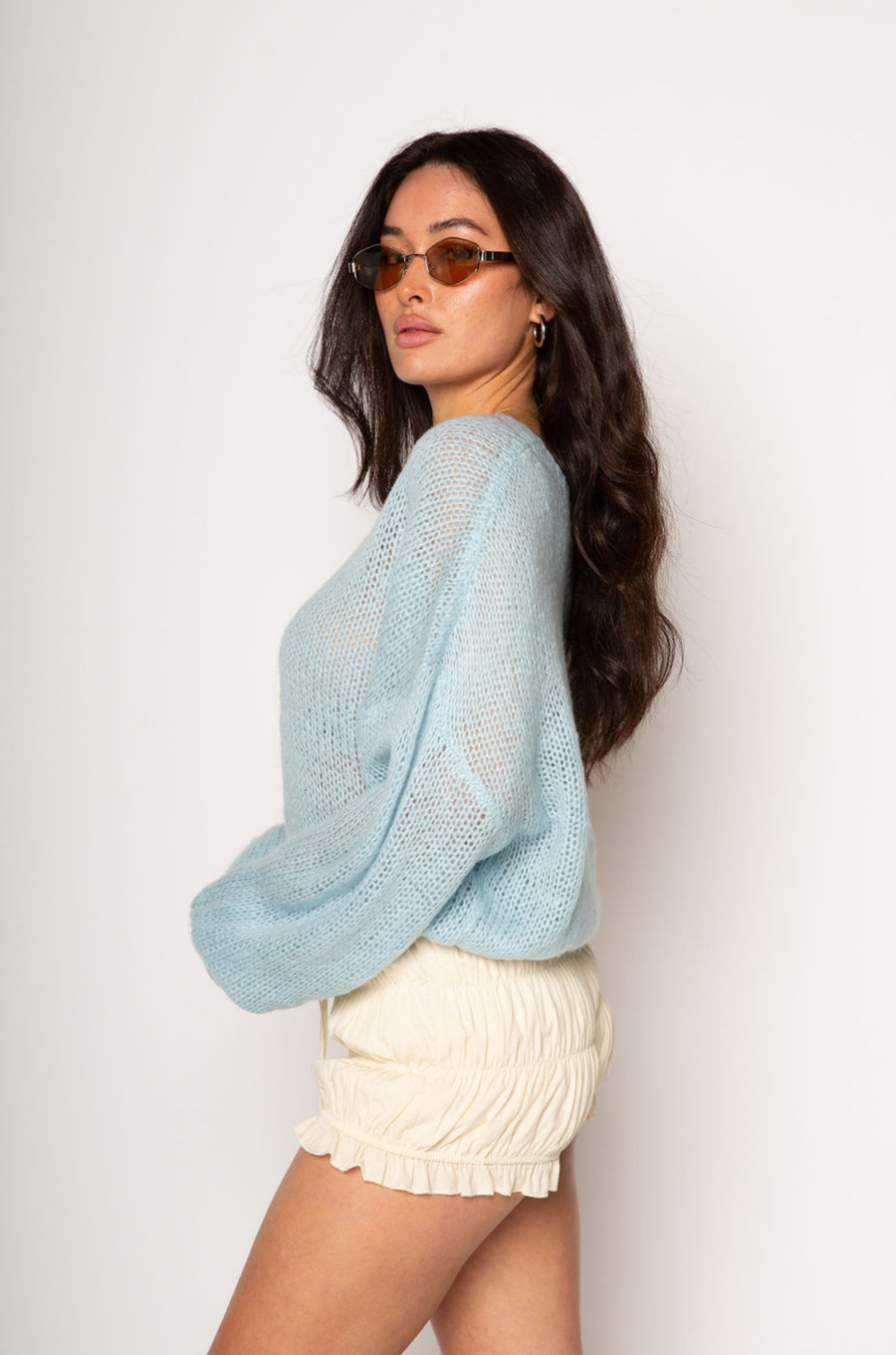 Fuzzy open knit crochet sweater. Boatneck. Long sleeves. Unlined. baby blue sweater. spring sweater. cute spring outfit.