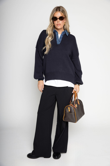 blue Oversized knit sweater
Denim collar
1/4 button closure
Unlined
Length: 26"
Cotton/Acrylic
fall sweater
fall outfit