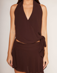 TOP
brown Chiffon wrap halter top
Front cross over
V neckline
Adjustable side tie
Hidden button closure
Lined

BOTTOM
brown Chiffon mini skirt
Asymmetrical hem
Side zipper closure
Lined