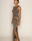 TOP:
green Shirred tank top
Front cut outs with stone beads
Unlined

BOTTOM:
green Shirred maxi skirt
Side cut out with stone beads
Unlined
side slits