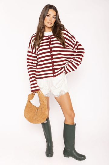 Striped cardigan
Long sleeve
Button down closure
Crew neckline
Unlined
burgundy ivory striped cardigan
christmas sweater
christmas outfit