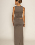 TOP:
green Shirred tank top
Front cut outs with stone beads
Unlined

BOTTOM:
green Shirred maxi skirt
Side cut out with stone beads
Unlined
side slits