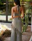 TOP
green Cropped halter top
Adjustable neck tie
Side zipper closure
Front keyhole with bead detail

resort outfit

BOTTOM
green Elastic waistband
Comes with hip scarf