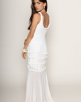 white Micro ruffle trim maxi dress
Front thigh high slit
Scoop meck
Sheer
white bridal dress