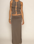 TOP:
green Shirred tank top
Front cut outs with stone beads
Unlined

BOTTOM:
green Shirred maxi skirt
Side cut out with stone beads
Unlined
side slits