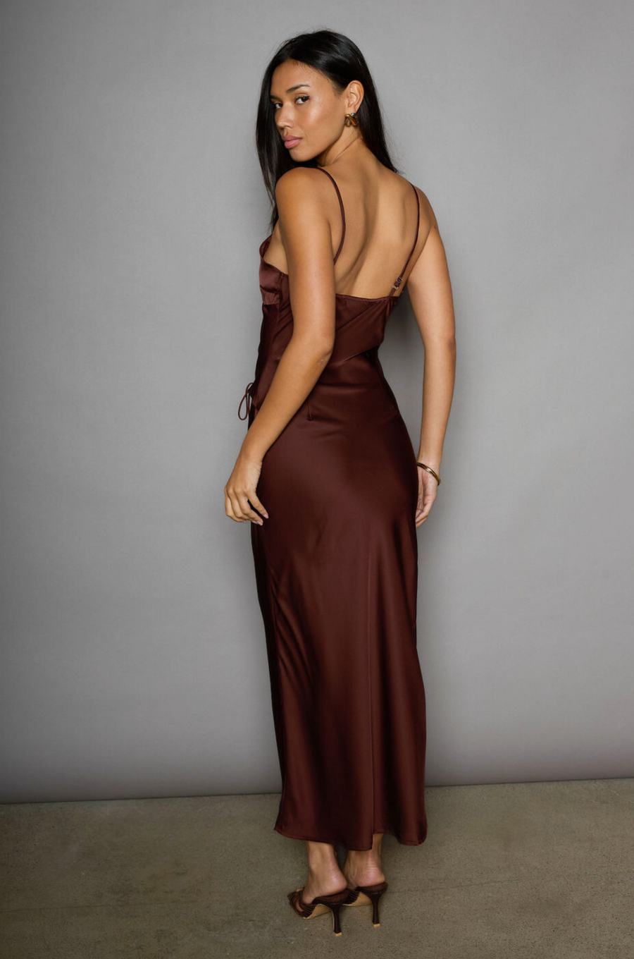 Satin maxi dress. Adjustable straps. Front tie closures. Side hook and eye and zipper closures. Unlined. brown satin midi dress. brown maxi satin dress. fall dress. fall wedding guest dress