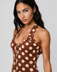 brown and beige Soft mesh polka dot halter top
Fixed neck strap
Adjustable front tie
Lined