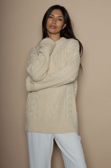 Cable knit sweater dress. Crewneck. Long cuffed sleeves. Unlined. beige sweater dress. fall sweater dress. holiday look