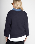blue Oversized knit sweater
Denim collar
1/4 button closure
Unlined
Length: 26"
Cotton/Acrylic
fall sweater
fall outfit