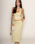 Striped halter tank top
Ruffle neckline
Lined
Side zipper
lime green tank top
