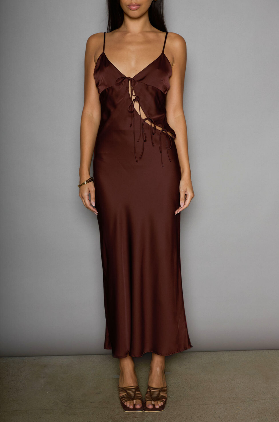Satin maxi dress. Adjustable straps. Front tie closures. Side hook and eye and zipper closures. Unlined. brown satin midi dress. brown maxi satin dress. fall dress. fall wedding guest dress