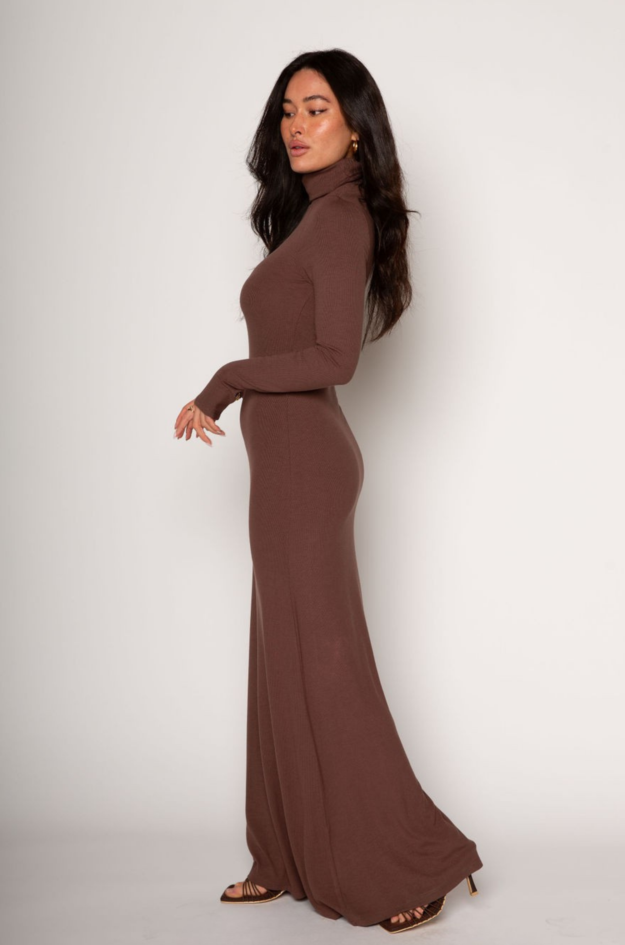 Ribbed knit maxi dress. Turtleneck. Long sleeves. Unlined. brown maxi dress. brown turtle neck maxi dress