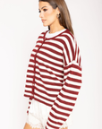 Striped cardigan
Long sleeve
Button down closure
Crew neckline
Unlined
burgundy ivory striped cardigan
christmas sweater
christmas outfit