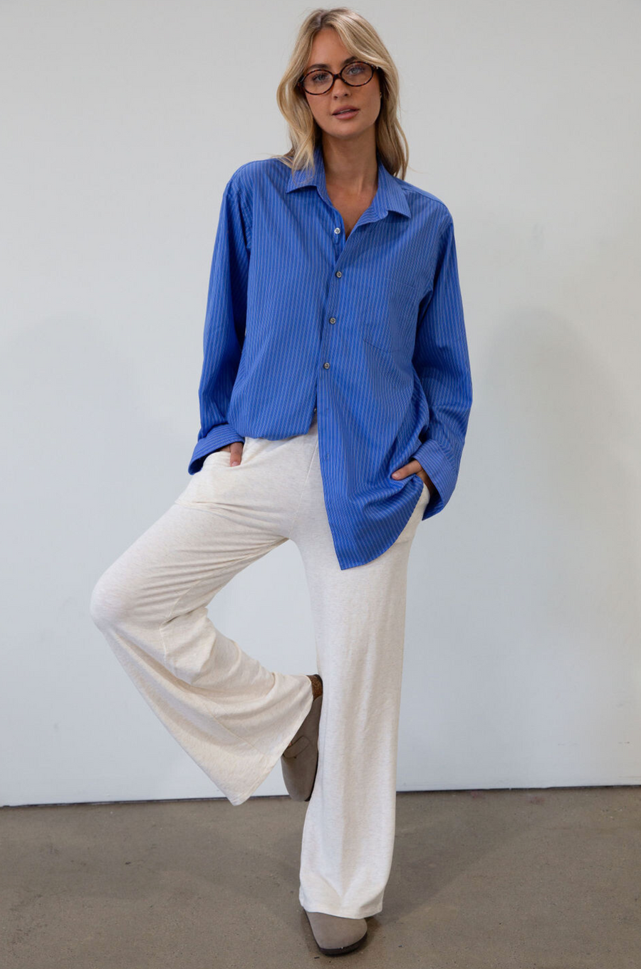 Ribbed knit pants. Elastic waistband. Side pockets. Unlined. causal pant. fall pant. cream casual pant