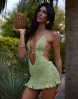 green Crochet halter mini dress
Deep neckline
Open back
Adjustable neck and back tie
The beach-to-bar piece that actually holds its shape
Crafted in a superior Spandex blend for a comfortable
Body-skimming fit