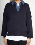 blue Oversized knit sweater
Denim collar
1/4 button closure
Unlined
Length: 26"
Cotton/Acrylic
fall sweater
fall outfit