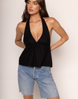 Linen halter top
Adjustable neck tie
Low plunge neckline
Ruching under the bust to create a gathered look
Unlined
black cotton halter top
going out top
summer top
