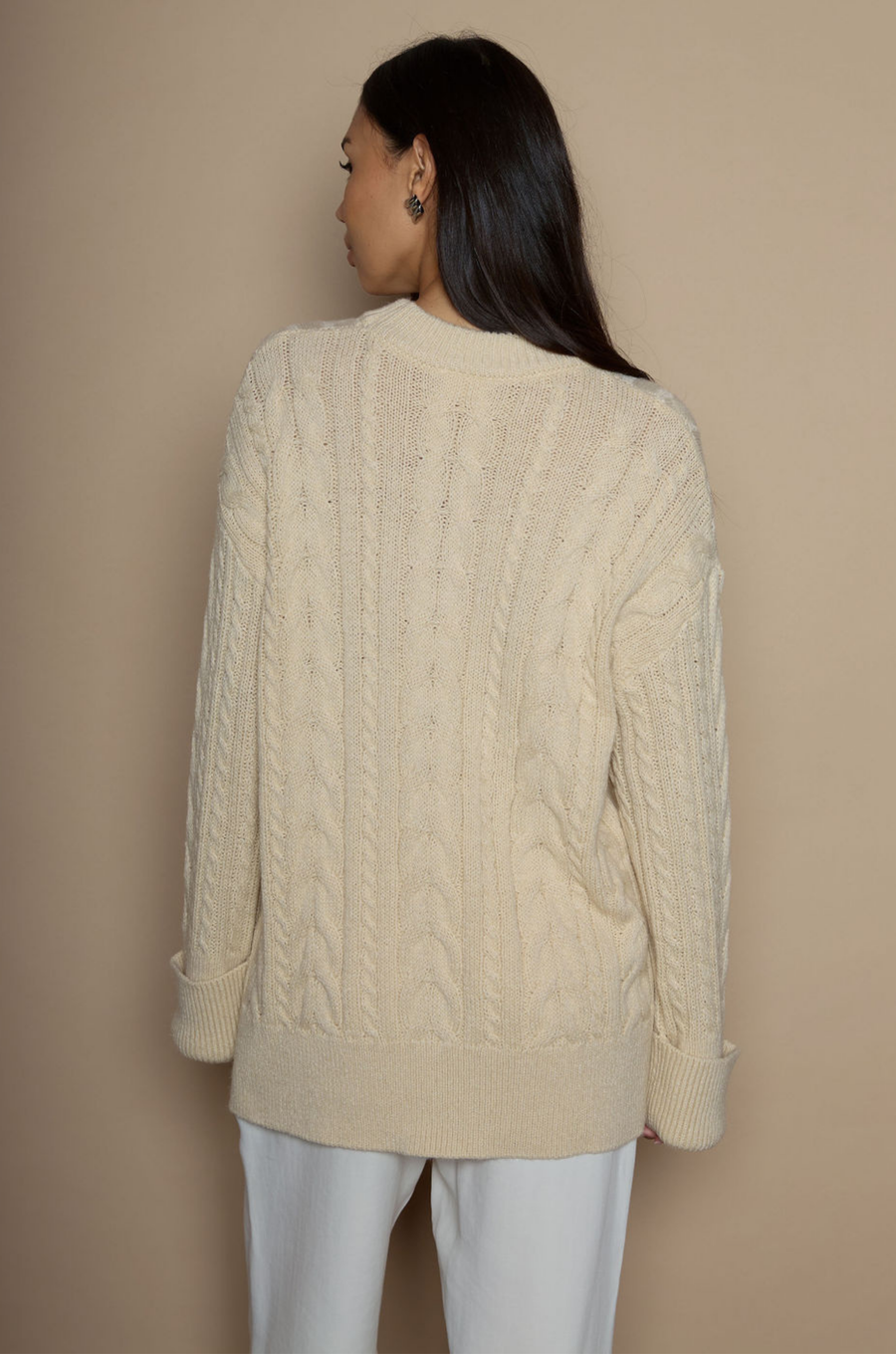 Cable knit sweater dress. Crewneck. Long cuffed sleeves. Unlined. beige sweater dress. fall sweater dress. holiday look