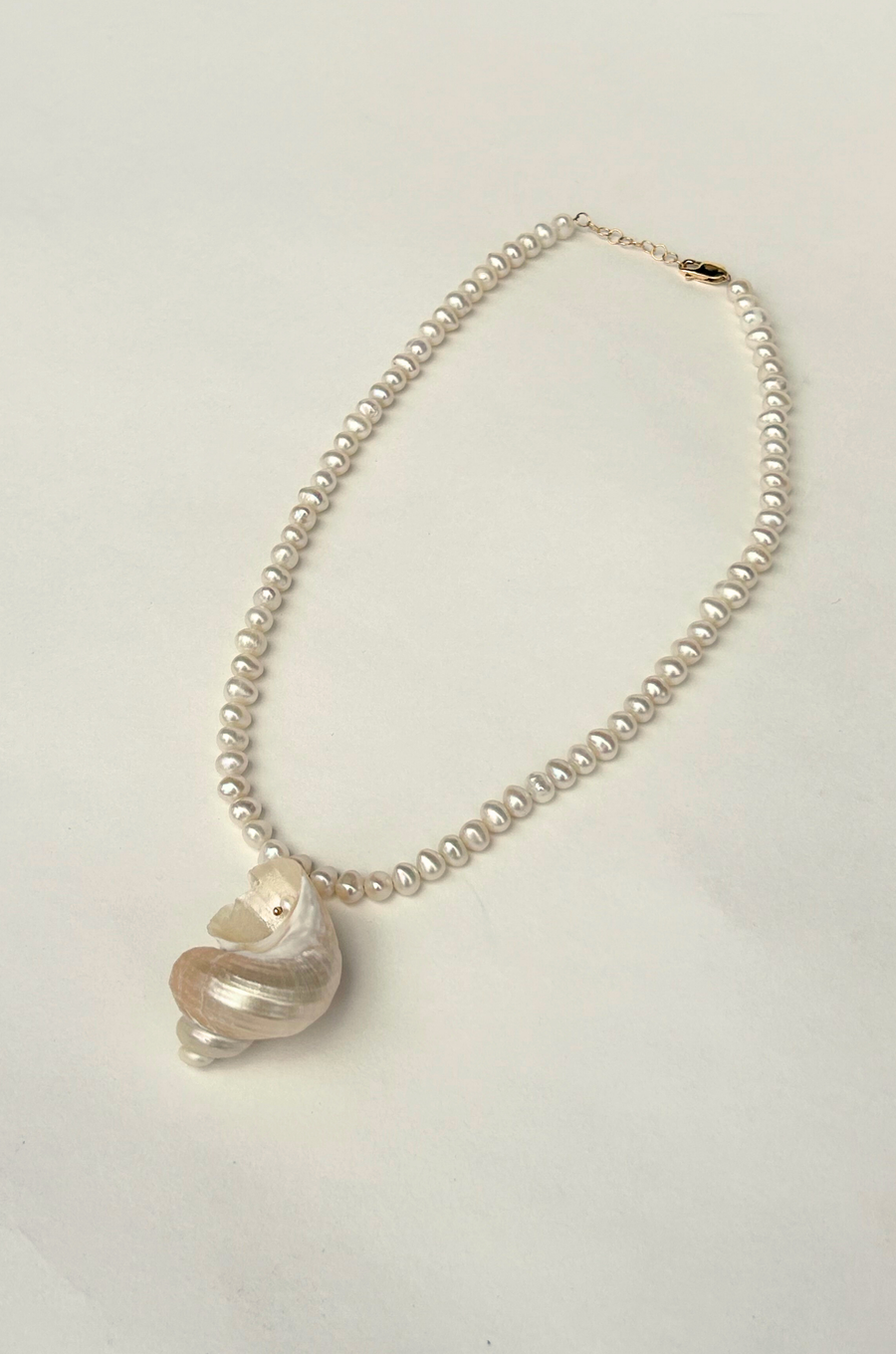 Freshwater pearls with pearlized shell charm necklace
Length: 15" chain with 1" extender
Size and shape of pearl may vary