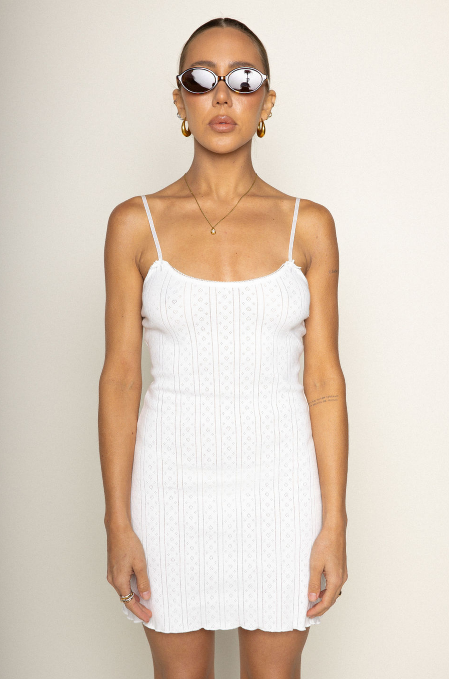 white Knit eyelet pointelle mini dress
Slip cami dress
Adjustable straps
Little bow detail
Unlined/partially sheer
summer mini dress
spring mini dress
coquette mini dress
