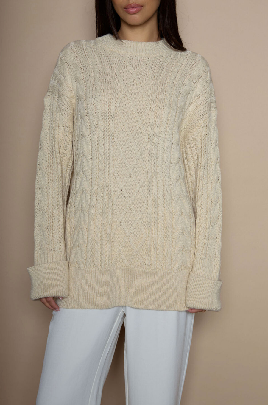 Cable knit sweater dress. Crewneck. Long cuffed sleeves. Unlined. beige sweater dress. fall sweater dress. holiday look