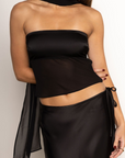Satin tube top
Partial chiffon bodice
Comes with chiffon scarf
Strapless
Side zipper closure
black satin tube top
holiday outfit
new years top
new years outfit