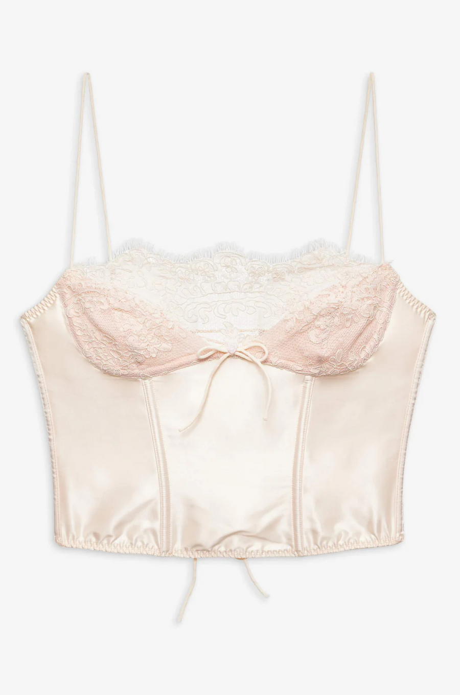 cream Sleek satin bustier with lace detailing
Fully boned bodice
Adjustable lace-up back
Skinny tie bow
Rosette adornments
Lined at cups
Adjustable shoulder straps
Polyester/Elastane
cream ligneire bustier top
