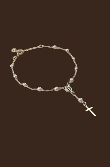 18k gold filled pearl and figaro rosary bracelet