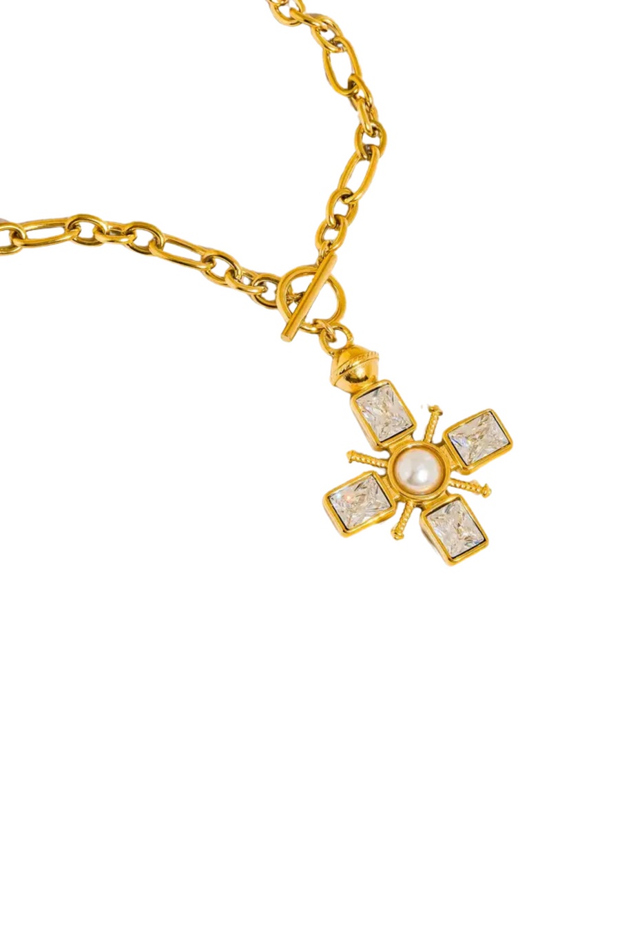 18K Gold Non-Tarnish Pearl Cross Necklace
18K Gold Plating Stainless Steel Faux
Pearl Pendant Size: 2.16" x1.77"
Chain Length: 15.7"
Extension Length: 2.7"
Lead and Nickel Free
Hypoallergenic