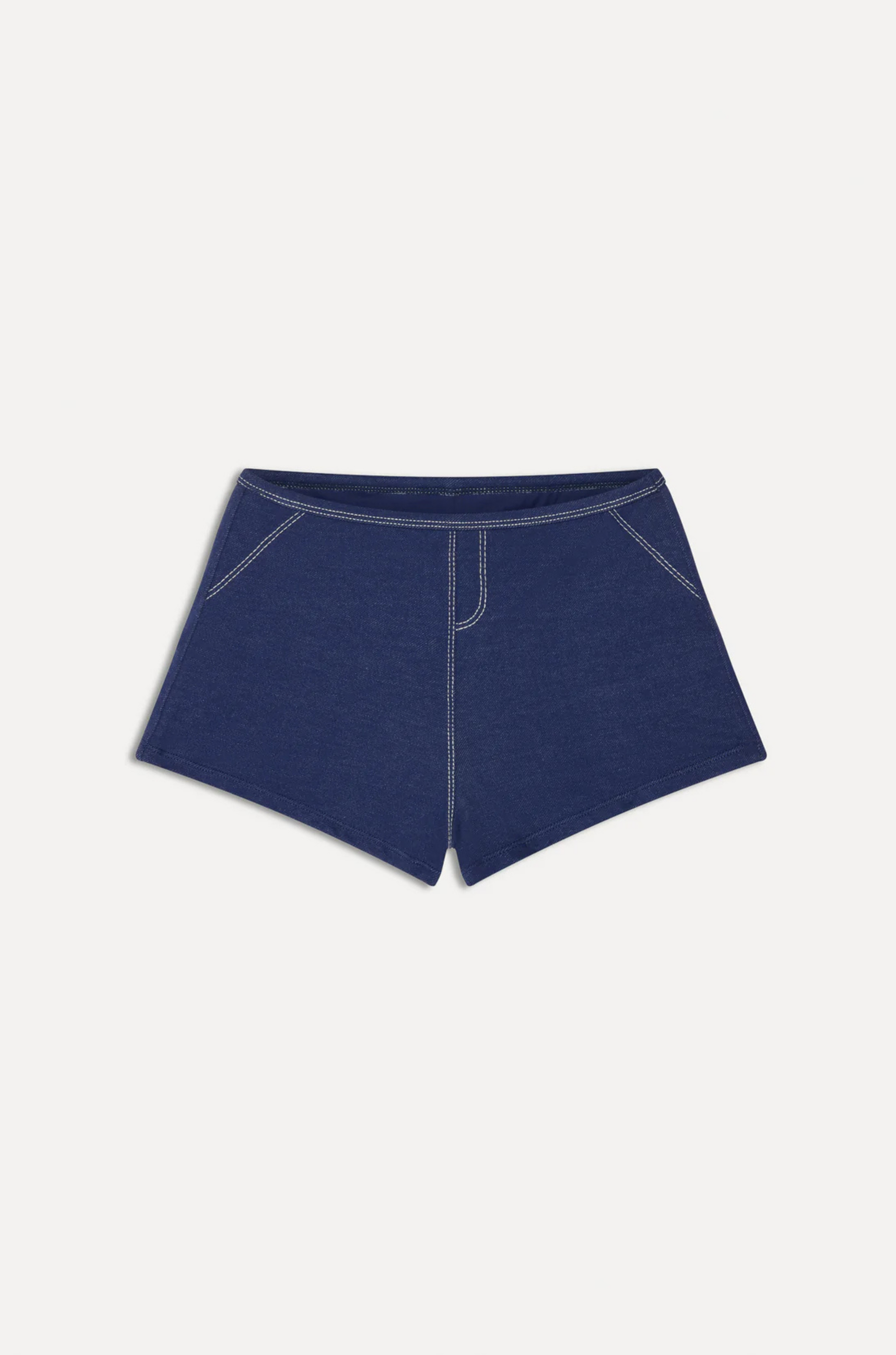 blue Denim bikini shorts
Medium coverage
White stitching
Back leather patch