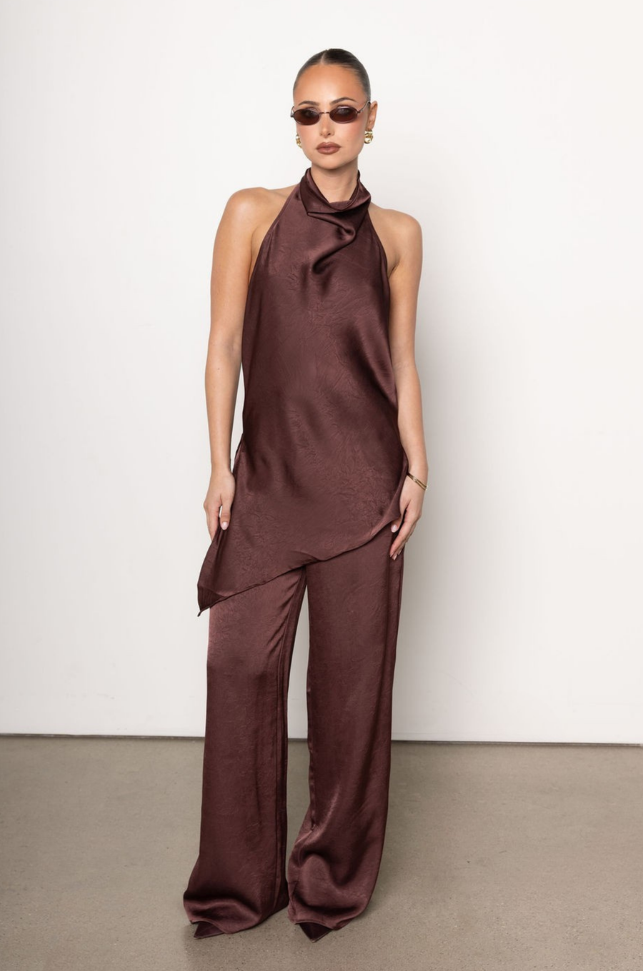 Brown satin pant and tank top set