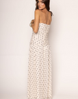 Chiffon polka dot maxi dress
Strapless
Tube top
Side cinching
Inner rubber grip lining
Back zipper closure
Lined
Cream and black polka dot maxi dress
bridal dress
Summer maxi dress