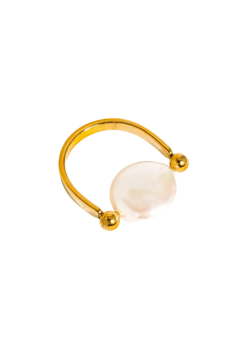 Gold ring with a large pearl
18K Gold Non-Tarnish Baroque Pearl Ring
18K Gold Plating
Stainless Steel
Faux Pearl
Size 7 Measurement: 0.682 Diameter/2.14 Circumference
Lead-free
Nickel-safe
Hypoallergenic
Water Resistant