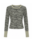 Camo printed long sleeve shirt
yellow Striped neckline and arm hem
Crew neckline
Unlined
thumb holes