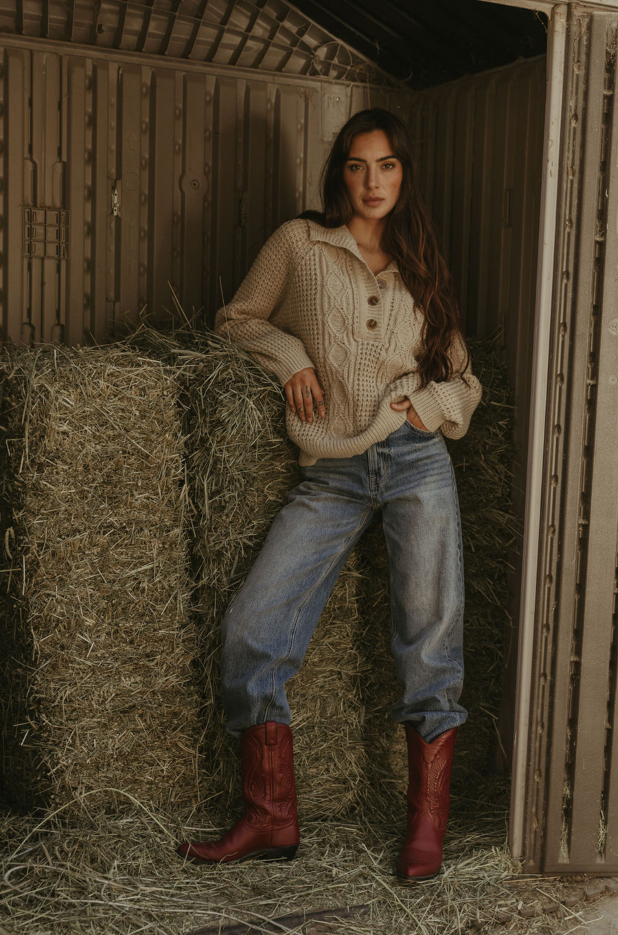 Fuzzy mixed knit crochet sweater. Collar neckline. Front button closures. Long sleeves. Banded hems. Unlined. tan sweater. knit sweater. quarter button up sweater