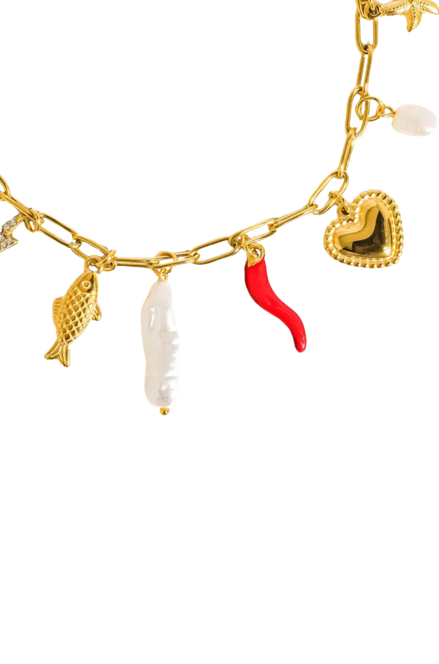 18K Gold Non-Tarnish Pepper Fish Pearl Charm Necklace
18K Gold Plating Stainless Steel
Pendant Size: 0.5 - 1.1 inches&nbsp;
Chain Length: 17.7"
Extension Length: 2"
Lead and Nickel Free
Hypoallergenic
Water Resistant