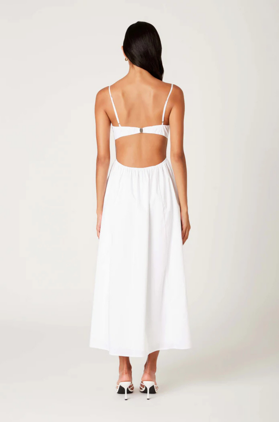 White Bustier style midi dress
Ruched detailing
Adjustable spaghetti straps
Open back with clasp closure
Flowing A-line skirt
Lined
Bridal outfit
bachelorette dress
bridal shower dress