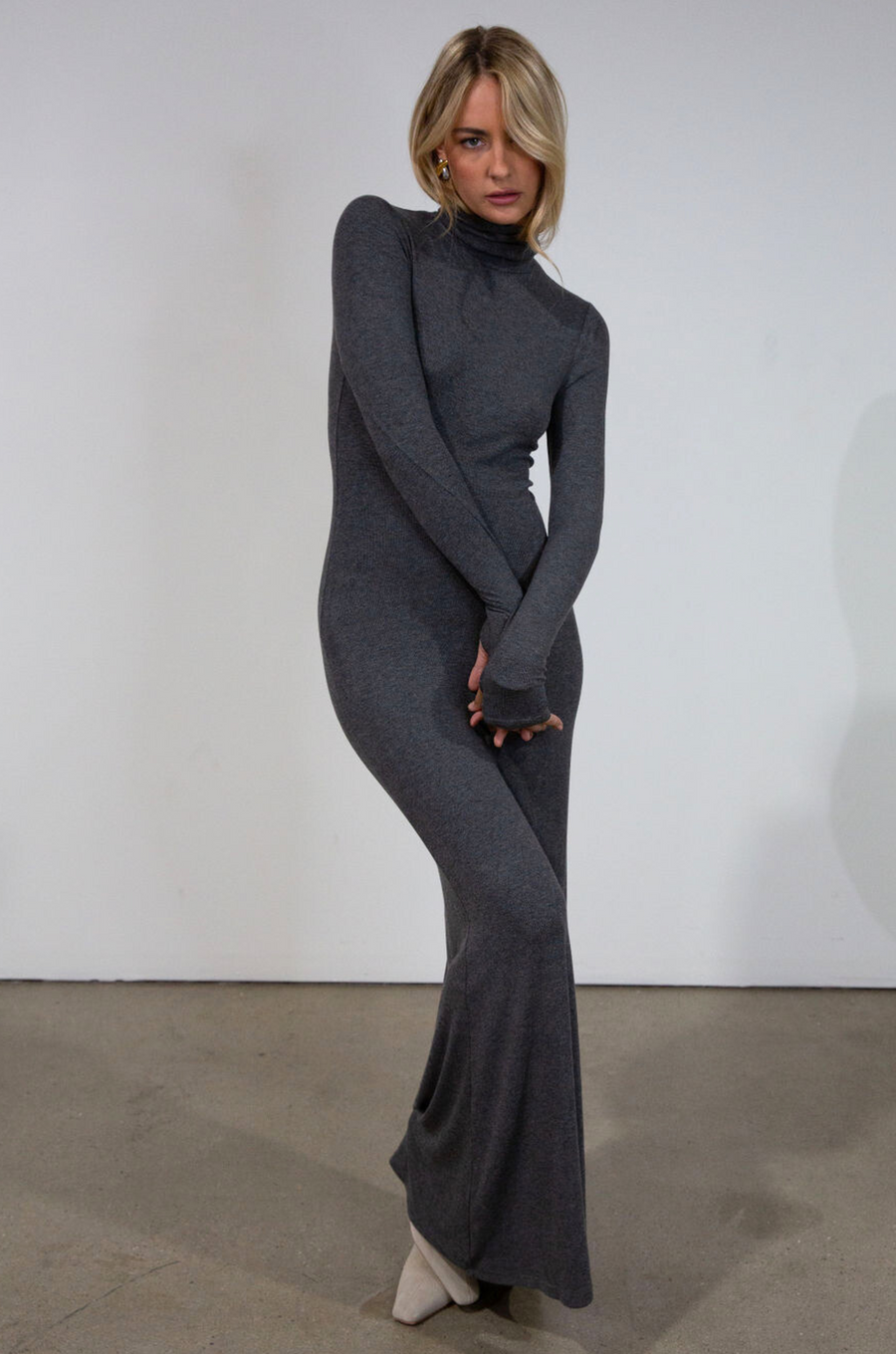 Ribbed knit maxi dress. Turtleneck. Long sleeves. Unlined. grey turtleneck maxi dress. fall dress. friendsgiving dress. thanksgiving dress.