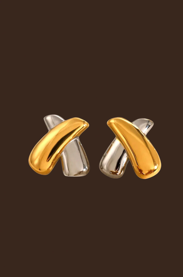 Two toned crossover "X" shaped earrings. Tarnish free. Stainless steel. Lightweight.