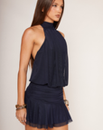 navy blue Mesh halter neck mini dress
Adjustable neck tie
Ruched bodice
Low back
Lined