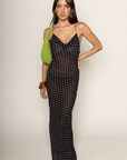 Chiffon polka dot maxi dress
Cowl neck
Criss cross back straps
Unlined
black and white polka dot maxi dress
sheer