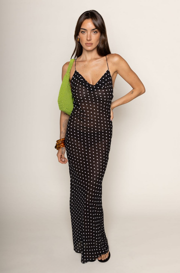 Chiffon polka dot maxi dress
Cowl neck
Criss cross back straps
Unlined
black and white polka dot maxi dress
sheer