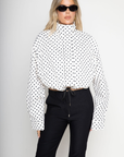 white snd black polka dot set
zara dupe
TOP
Polka dot collared jacket
Button zipper closure
Adjustable drawstring
Side pockets
Unlined
Length: 22.5"
Polyester

BOTTOMS
Polka dot high waisted shorts
Button zipper closure
Belt loops
Side pockets
Faux back pockets
Unlined
Length: 13" / Waist: 30" / Rise: 11.5"
Polyester