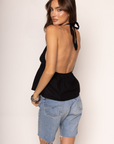 Linen halter top
Adjustable neck tie
Low plunge neckline
Ruching under the bust to create a gathered look
Unlined
black cotton halter top
going out top
summer top